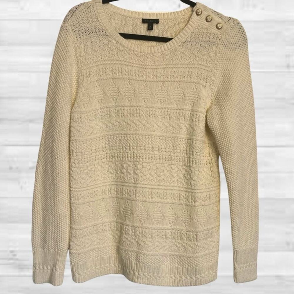 Talbots Neutral Nautical Ivory Cable-Knit Pullover Sweater Anchor Accent, Medium